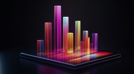 Leinwandbilder - A financial dashboard displaying a D bar graph with colorful rising bars, set against a dark background with subtle lighting effects.