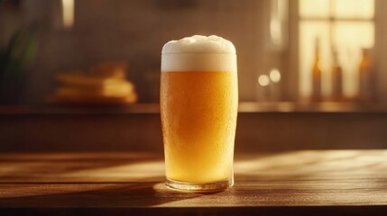 Poster - A frosty pint glass filled with golden beer, topped with a thick, creamy head, sitting on a wooden table with soft natural light highlighting the glass.