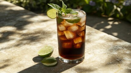 Poster - A highball glass filled with soda, garnished with fresh mint leaves and lime slices, resting on a textured stone surface with soft lighting.