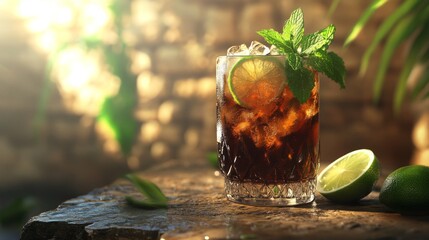 Poster - A highball glass filled with soda, garnished with fresh mint leaves and lime slices, resting on a textured stone surface with soft lighting.
