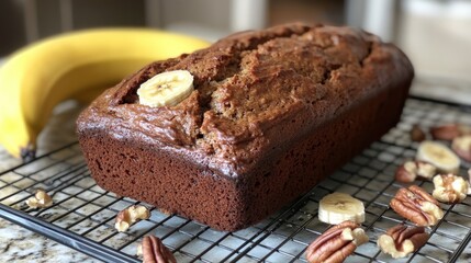 Poster - A loaf of banana bread cooling on a wire rack, surrounded by ripe bananas and a sprinkle of nuts, evoking a cozy baking atmosphere.