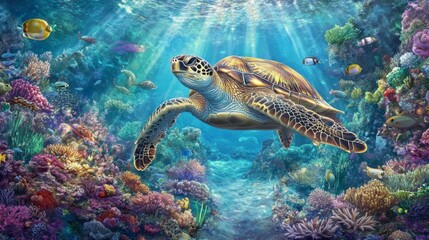 Poster - A majestic sea turtle gliding gracefully through crystal-clear turquoise waters, surrounded by colorful coral reefs and schools of fish, showcasing underwater beauty.