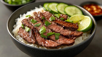 Poster - A mouthwatering image of beef rice in a deep bowl, with the beef marinated in a savory sauce, accompanied by lime wedges and sliced cucumbers on the side.