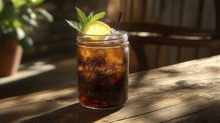 Poster - A refreshing soda served in a mason jar with ice, topped with a lemon slice and mint, sitting on a rustic wooden table in natural light.
