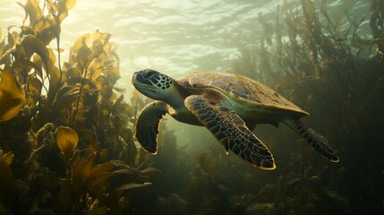 Poster - A serene moment of a sea turtle swimming peacefully in a kelp forest, surrounded by swaying plants and soft light, highlighting the tranquility of marine life.