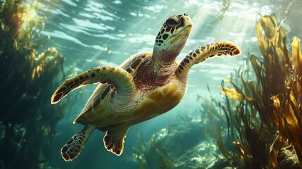 Poster - A serene moment of a sea turtle swimming peacefully in a kelp forest, surrounded by swaying plants and soft light, highlighting the tranquility of marine life.