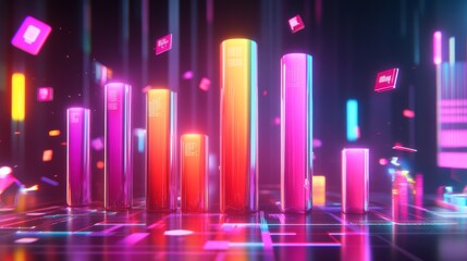 Fototapete - A series of colorful D bars representing financial data, surrounded by floating financial icons and numbers in a futuristic design.