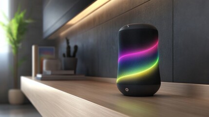Poster - A smart speaker resting on a shelf, with sound waves visualized around it, illustrating the concept of voice-activated wireless communication in a home setting.