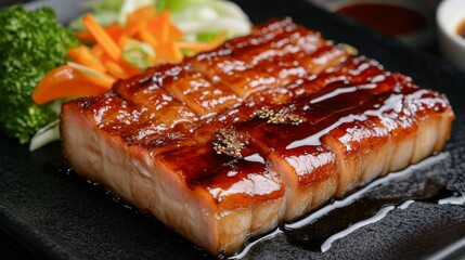 Aufkleber - A slow-cooked pork belly presented with a glossy glaze, resting on a bed of sauted vegetables and drizzled with sauce for a gourmet touch.