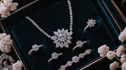 Poster - A top-down view of a luxurious jewelry box filled with various diamond pieces, including rings and necklaces, against a dark, plush background.