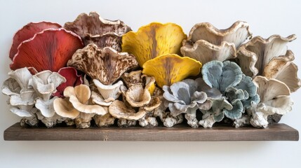 Poster - A vibrant arrangement of various mushroom types, including shiitake, oyster, and portobello, displayed on a rustic wooden surface, showcasing their unique textures and colors.