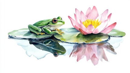 Poster - Green tree frog on a lily pad with a pink water lily, reflected in calm water.