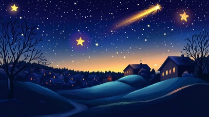 Poster - Night scene of a village with shooting star and bright stars over rolling hills.