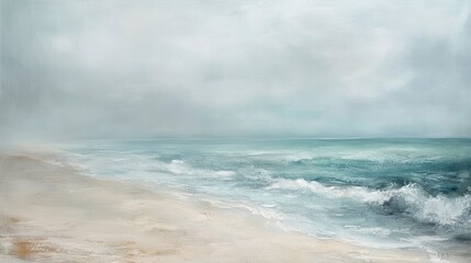 Poster - Serene coastal scene, hazy sky over calm ocean waves meeting sandy beach.