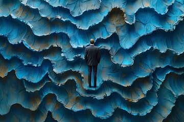 Poster - Man in a suit stands against an artistic blue textured wall resembling ocean waves indoors
