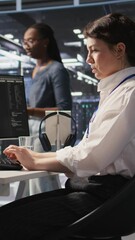 Poster - vertical video data center developer thinking how to improve ai supercomputers, pleased with result.