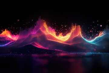Poster - Vibrant multicolored wave-like formations made of glowing dots and lines on a dark background creating an abstract digital landscape