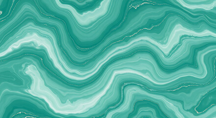 Poster - Teal Green Agate Marble Pattern with Flowing Liquid Waves and Silver Glitter Texture