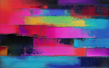 Poster - Vibrant abstract painting with overlapping rectangular color blocks in bright pink, blue, red, purple, yellow, green, and black creating textured horizontal layers