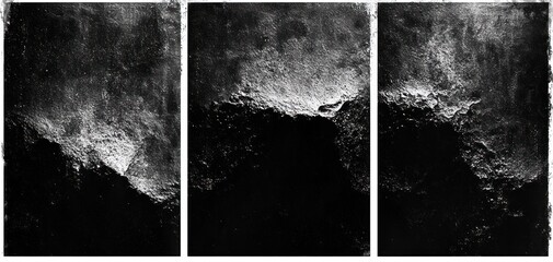 Poster - Triptych of textured black and white abstract surfaces with rough patches and strong contrast evoking a dramatic and mysterious atmosphere