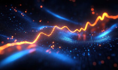 Poster - Abstract digital landscape with glowing orange data line graph and blue grid points creating a sense of motion and technology