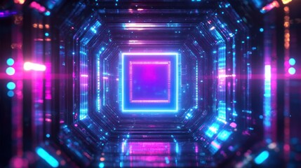 Poster - Futuristic glowing neon tunnel with vibrant pink and blue lights forming geometric square patterns creating a sense of depth and digital ambiance