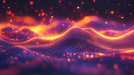 Poster - Colorful glowing waves represent sound frequencies in a digital landscape during a cosmic evening