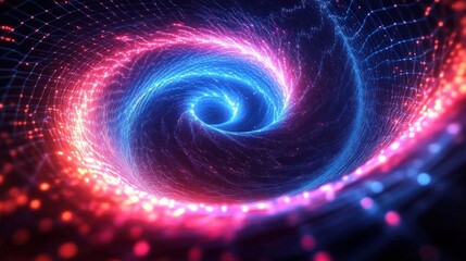 Poster - Vibrant glowing spiral vortex with blue and pink neon light lines creating a dynamic tunnel effect with a sense of depth and motion