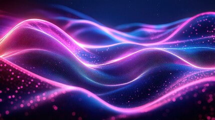 Poster - Abstract digital waves of glowing pink and blue particles creating a flowing futuristic landscape with a sense of motion and energy