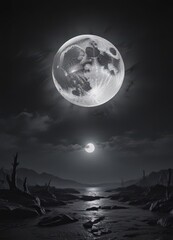 Wall Mural - giant full moon dominates inky black sky, unsettling scene , nighttime, full moon