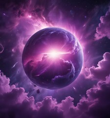 Wall Mural - glowing sphere hangs in swirling purple cosmic clouds deep space backdrop , glow, vibrant, iridescen