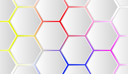Poster - White 3d hexagonal technology vector abstract background. Colored bright energy flashes under hexagon in modern technology futuristic background vector illustration.