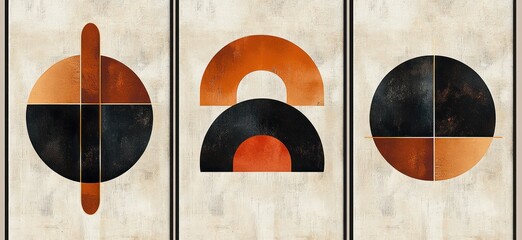 Poster - triptych of abstract geometric shapes with circles and semicircles in warm orange and black tones on