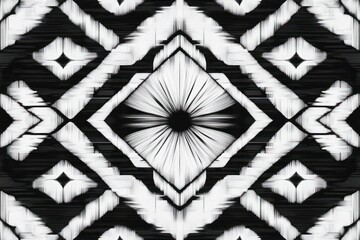 Poster - Abstract black and white symmetrical geometric pattern with radiating lines forming diamond and star shapes creating a dynamic optical illusion effect