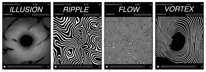 Aufkleber - Set of four black and white vector posters in optical art style, with hypnotic lines forming illusions, spirals, waves, and vortex patterns. Modern, bold, and trending in contemporary design.
