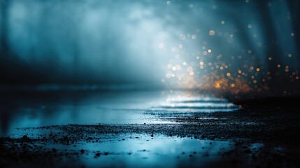 Poster - Wet asphalt reflecting mysterious golden bokeh lights in a dark forest