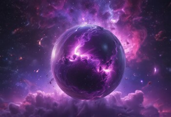 Wall Mural - glowing orb floats in vibrant purple nebula cosmic dust swirls around , night sky, space dust