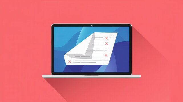 laptop display showing a document with corrections marks on coral background