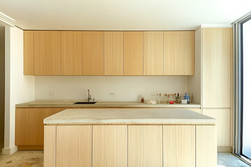 Poster - Modern minimalist kitchen island light wood cabinets concrete countertop