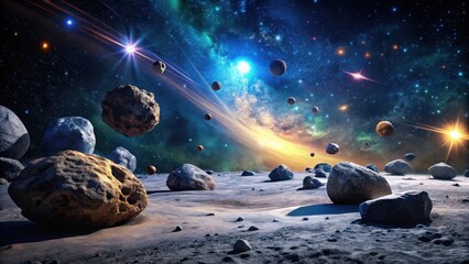Wall Mural - A Celestial Landscape Featuring an Asteroid Field and Glowing Nebulae in a Distant Galaxy
