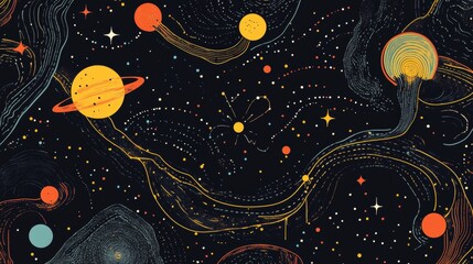 Poster - Abstract celestial landscape with planets, stars, and cosmic elements