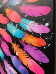 Poster - Colorful Feather Arrangement on Dark Backdrop with Sparkling Accents, Artistic Display