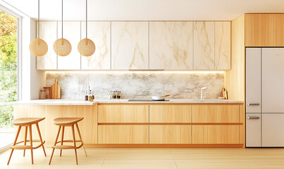 Poster - Modern minimalist kitchen design light wood cabinets marble backsplash