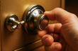 © newlifestock - Hand carefully turns dial on gold safe, symbolizing secure home protection and smart investment for valuable belongings