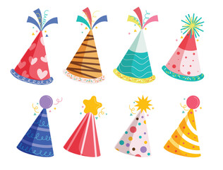 Birthday hat elements clipart set. Birthday party hat colorful drawing clip art with pattern and printed cone shape cute design collection in white background vector illustration. 
