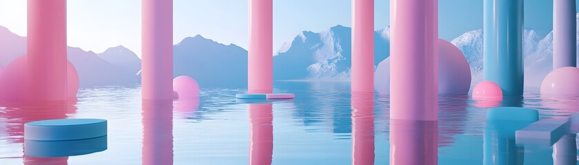 Poster - Pastel-hued, abstract landscape scene with geometric elements.