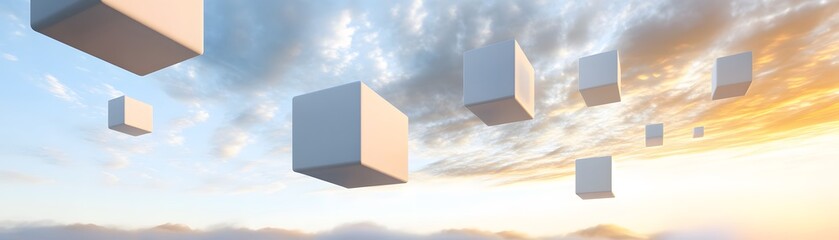 Poster - Abstract floating cubes in a light-filled sky.