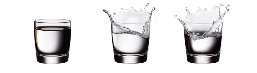 Poster - Three clear water glasses with water splashing in each glass showing motion and freshness against a white background for beverage, hydration, and refreshment themes