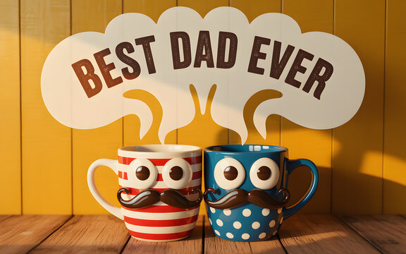 Happy Father’s Day Banner , Poster , Template Featuring Coffee Mug and Gift on Wooden Background with Copyspace