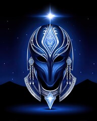 Poster - Futuristic Blue Helmet with Intricate Designs and Starry Background